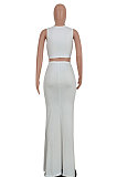 Women Pure Color Sleeveless Shirred Detail Top Fishtail Skirt Sets ED8505