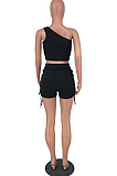 Black Sleeveless One Shoulder Drawshing Ruffle Fashion Two Piece AMX6035-1