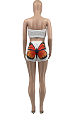 White Fashion Casual Butterfly Print Boot Tube Top Shorts Two Piece JC7059-1