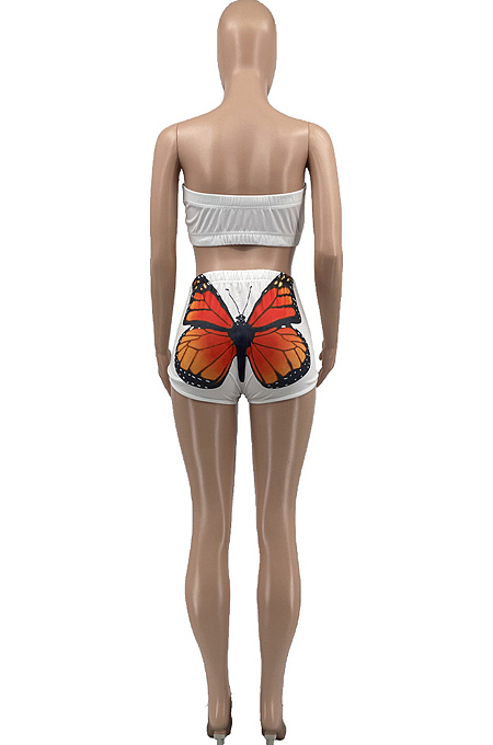 White Fashion Casual Butterfly Print Boot Tube Top Shorts Two Piece JC7059-1