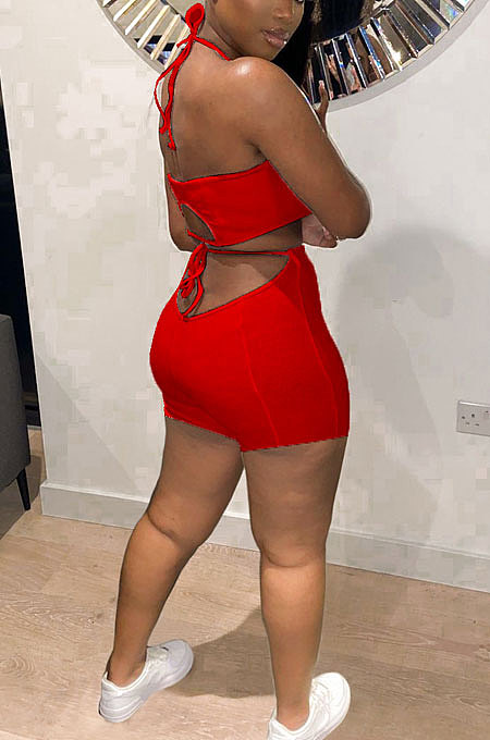Red Women Fashion Sleeveless Vest Pir Bar Shorts Sets YMM9075-2
