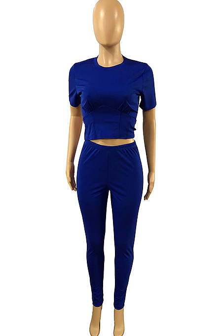 Blue Collect Waist Short Sleeve Long Pants Sports Sets DMM8170-3