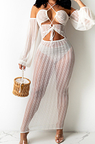 White Summer Personality Net Yarn PerspectiveA Word Shoulder Knotted Strap Dress QZ4347-2