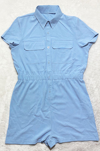 Light Blue Euramerican Women Casual Loose Double Pocket Pure Color Short Sleeve Overalls Romper Shorts SDD9365-5