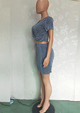 Blue Grey Women Ruffle Spliced Irregularity High Elestic Sets BN9288