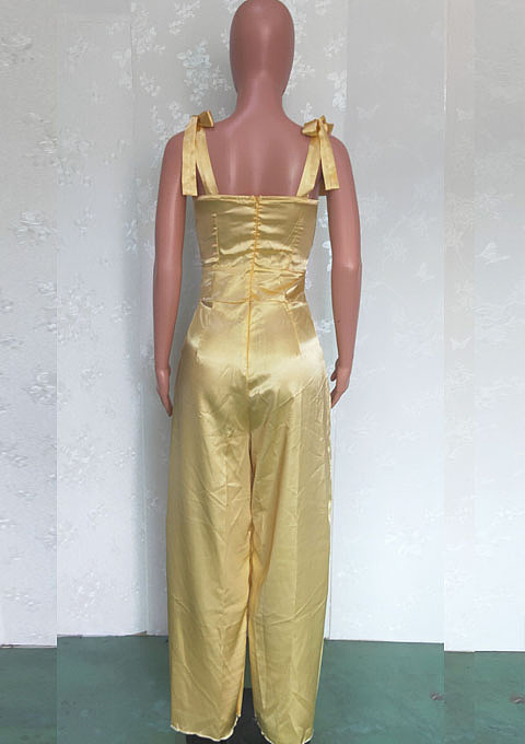 Yellow Fashion Sexy Satin Sling Bind Collcet Waist Wide Leg Jumpsuits BN9286-1