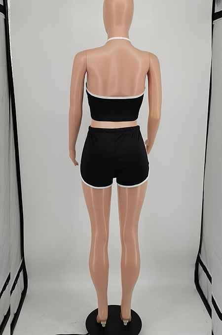 Black Summer Pure Color Sleeveless Tank Shorts Two Piece OQ012-1