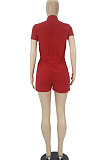 Red Euramerican Women Casual Loose Double Pocket Pure Color Short Sleeve Overalls Romper Shorts SDD9365-6