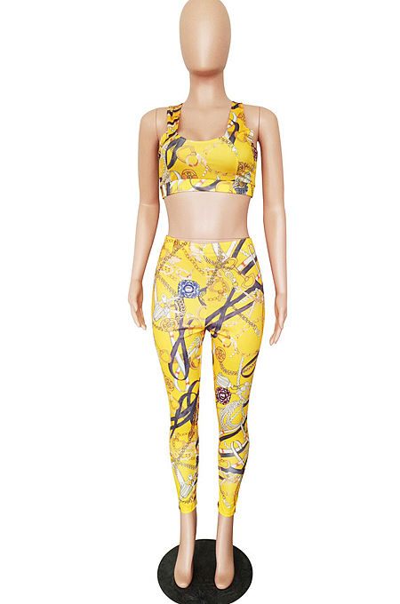 Yellow Sexy Digital Print Slim Fit Tank Long Pants Two Piece Tank Back Have Zipper LS6117-1