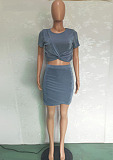 Blue Grey Women Ruffle Spliced Irregularity High Elestic Sets BN9288
