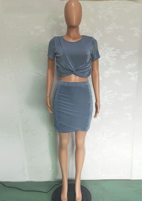 Blue Grey Women Ruffle Spliced Irregularity High Elestic Sets BN9288