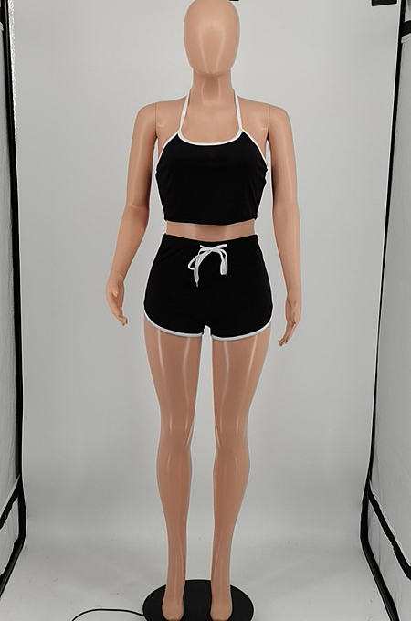 Black Summer Pure Color Sleeveless Tank Shorts Two Piece OQ012-1