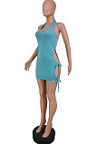 Light Blue Sexy Pure Color Halter Neck V Necn Bind Backless Dress HG125-1