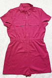 Rose Red Euramerican Women Casual Loose Double Pocket Pure Color Short Sleeve Overalls Romper Shorts SDD9365-3