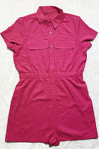 Rose Red Euramerican Women Casual Loose Double Pocket Pure Color Short Sleeve Overalls Romper Shorts SDD9365-3