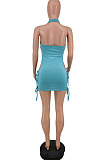 Light Blue Sexy Pure Color Halter Neck V Necn Bind Backless Dress HG125-1