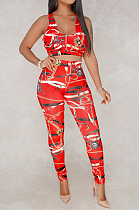 Red Sexy Digital Print Slim Fit Tank Long Pants Two Piece Tank Back Have Zipper LS6117-2