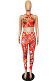 Red Sexy Digital Print Slim Fit Tank Long Pants Two Piece Tank Back Have Zipper LS6117-2