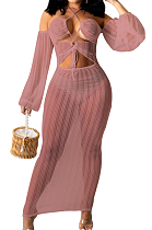 Lotus Root Pink Summer Personality Net Yarn PerspectiveA Word Shoulder Knotted Strap Dress QZ4347-5