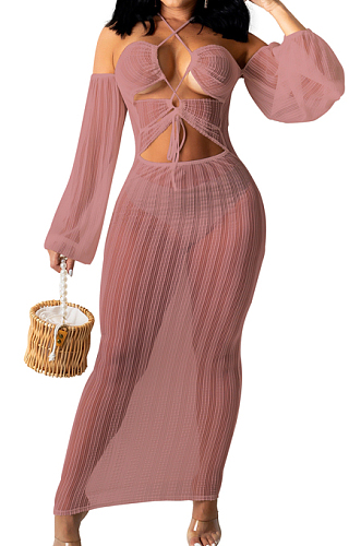 Lotus Root Pink Summer Personality Net Yarn PerspectiveA Word Shoulder Knotted Strap Dress QZ4347-5