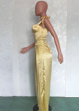 Yellow Fashion Sexy Satin Sling Bind Collcet Waist Wide Leg Jumpsuits BN9286-1