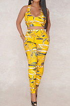 Yellow Sexy Digital Print Slim Fit Tank Long Pants Two Piece Tank Back Have Zipper LS6117-1