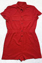 Red Euramerican Women Casual Loose Double Pocket Pure Color Short Sleeve Overalls Romper Shorts SDD9365-6
