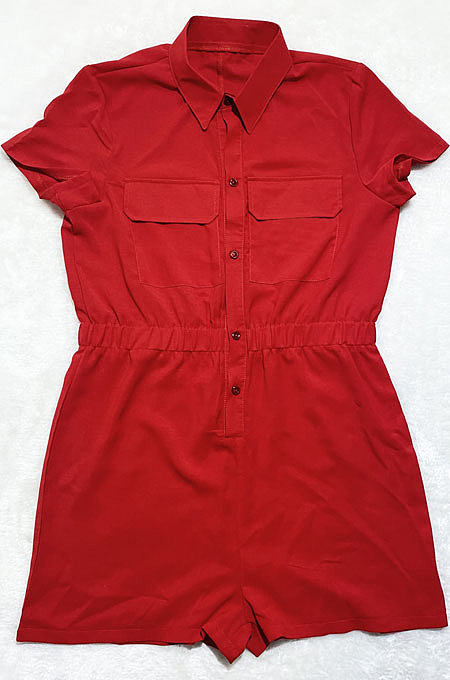 Red Euramerican Women Casual Loose Double Pocket Pure Color Short Sleeve Overalls Romper Shorts SDD9365-6