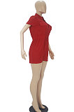 Red Euramerican Women Casual Loose Double Pocket Pure Color Short Sleeve Overalls Romper Shorts SDD9365-6