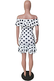 White Sexy A Word Shoulder Flounce Wave Point Print Dress BS1278-1