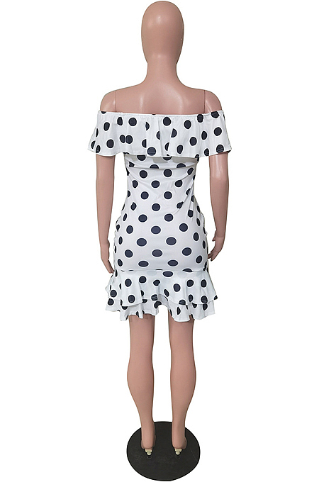 White Sexy A Word Shoulder Flounce Wave Point Print Dress BS1278-1