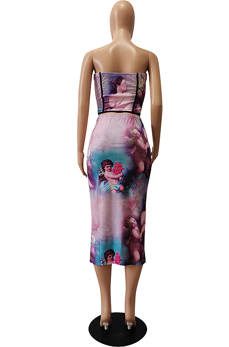Pink Sexy Boot Tube Top A Word Shoulder Positioning Printing A Line Skirt Two Piece CM2143-2