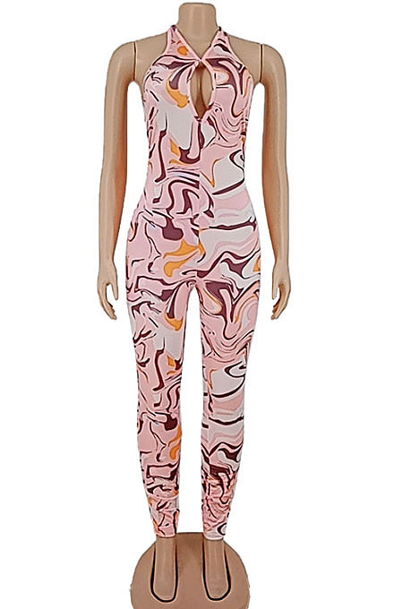 Pink Women Irregularity Printing Sleeveless Bodycon Jumpsuits AYW1006