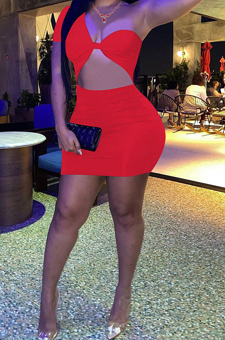 Red Women Sexy Tight Pure Color One Shoulder Backless Mini Dress  FFE161-1