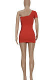 Red Women Sexy Tight Pure Color One Shoulder Backless Mini Dress  FFE161-1