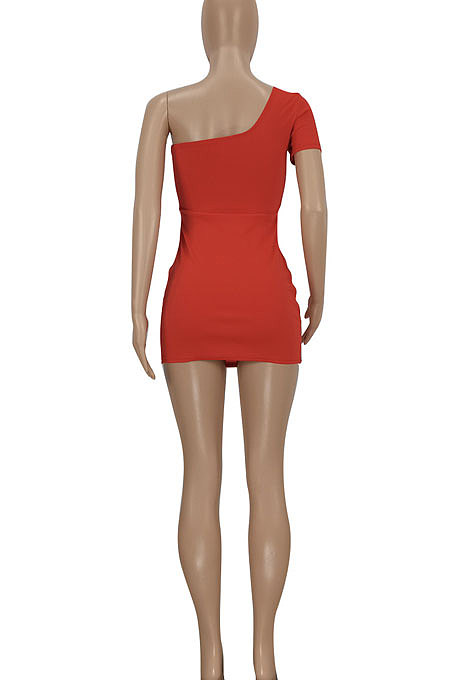 Red Women Sexy Tight Pure Color One Shoulder Backless Mini Dress  FFE161-1