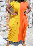 Yellow Euramerican Spliced Loose Round Neck Short Sleeve Irregularity Dress ALS260-5