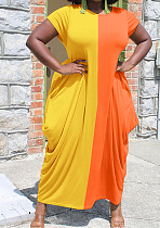 Yellow Euramerican Spliced Loose Round Neck Short Sleeve Irregularity Dress ALS260-5