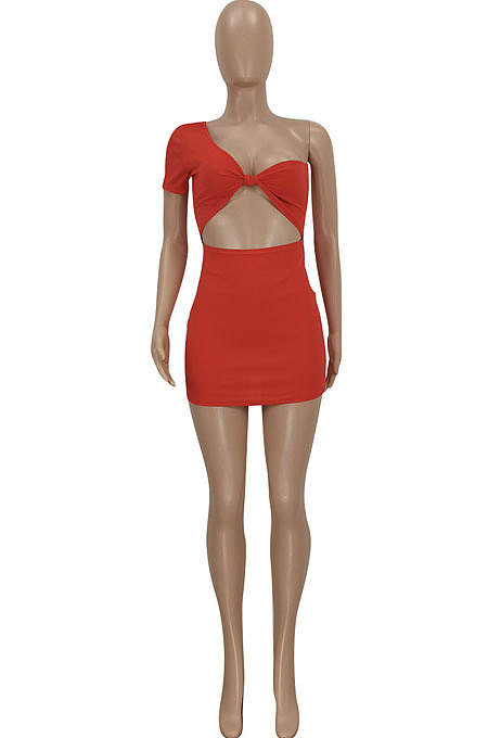 Red Women Sexy Tight Pure Color One Shoulder Backless Mini Dress  FFE161-1
