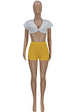 Yellow Euramerican Women Slim Fitting Short Sleeve V Neck Shorts Sets FFE153