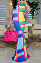 Rose Red Round Neck Tight Printing Lady Long Dress KZ2120-2