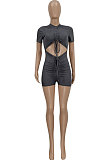 Gray Euramerican Women Tight Pit Bar Romper Shorts FFE150-1