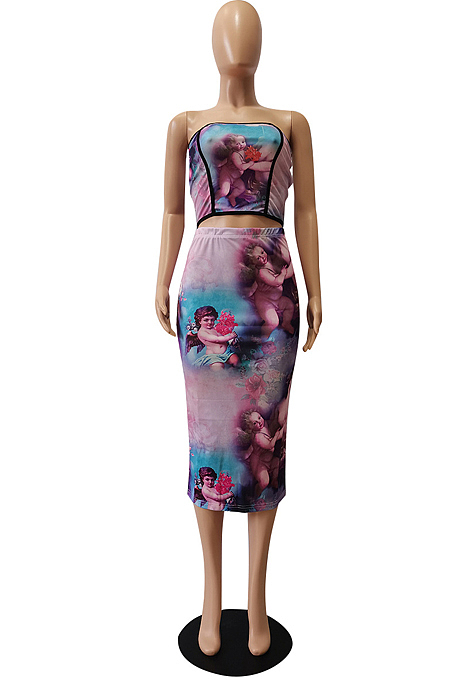 Pink Sexy Boot Tube Top A Word Shoulder Positioning Printing A Line Skirt Two Piece CM2143-2