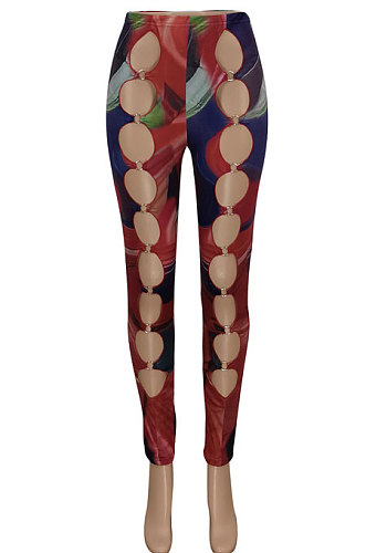 Wine Red Women Fashion Hole Long Pants FFE158