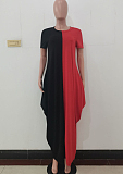 Black Euramerican Spliced Loose Round Neck Short Sleeve Irregularity Dress ALS260-1