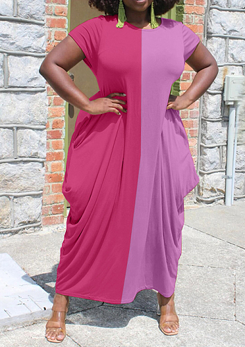 Rose Red Euramerican Spliced Loose Round Neck Short Sleeve Irregularity Dress ALS260-2