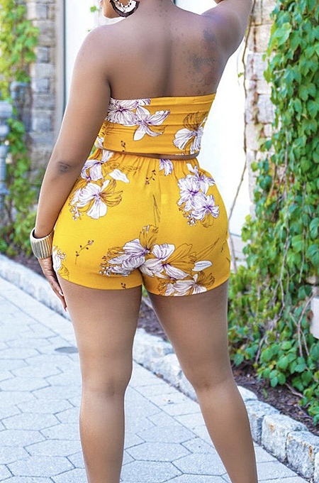 Yellow Sexy Fashion Printing Boot Tube Top Shorts Two Piece BS1277-1 