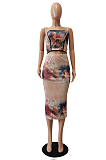 Apricot Sexy Boot Tube Top A Word Shoulder Positioning Printing A Line Skirt Two Piece CM2143-1