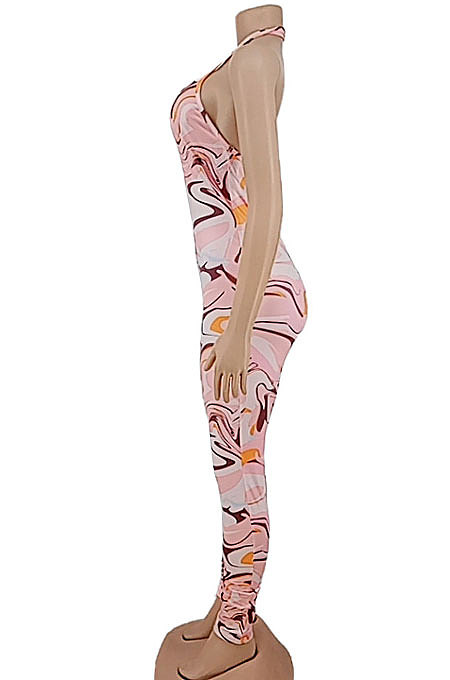 Pink Women Irregularity Printing Sleeveless Bodycon Jumpsuits AYW1006