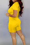 Yellow Casual Hoodie Zipper Short Sleeve Shorts Sports Sets BS1276-4